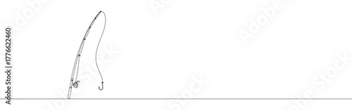 A continuous line drawing of a fishing rod leaning diagonally with its line and hook extending downwards, capturing the essence of angling on a white background.