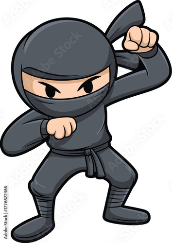 Cartoon illustration of black ninja character in action pose, martial arts fighter, stealth warrior concept, Japanese assassin design artwork
