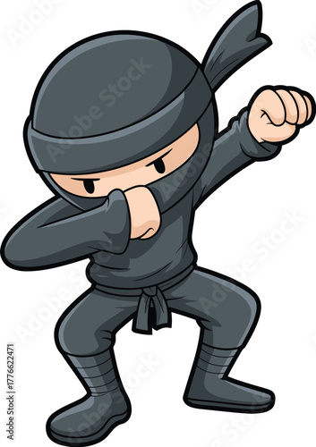Cartoon illustration of black ninja character in action pose, martial arts fighter, stealth warrior concept, Japanese assassin design artwork