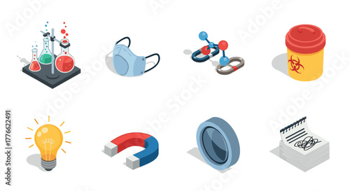 Isometric science icons lab equipment, safety gear, and concepts in colorful design