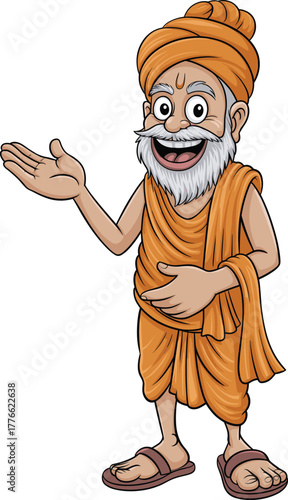 Cartoon illustration of smiling Indian monk with white beard wearing orange robe and turban, spiritual guru character design concept