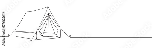 A continuous line drawing of tent with its entrance flap open, symbolizing camping, adventure, and the outdoors on a white background.