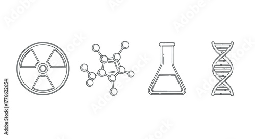 Science icons set featuring dna, radioactive, molecule, and flask elements in linear style