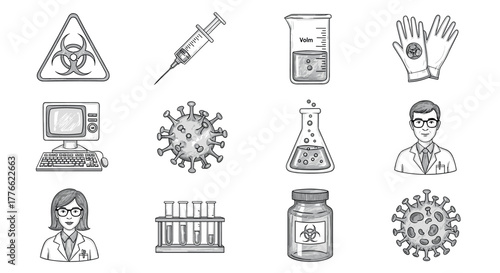 Hand drawn medical and scientific symbols displaying lab equipment and virus elements