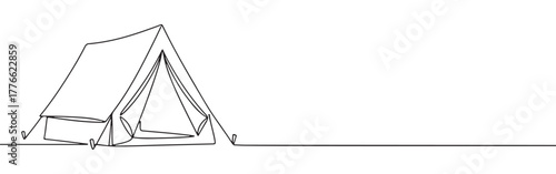 A continuous line drawing of tent with its entrance flap open, symbolizing camping, adventure, and the outdoors on a white background.