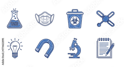 Scientific and safety icons set  laboratory equipment and symbols in sketch style