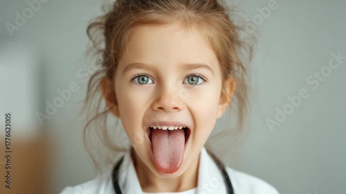 Close-up of a young girl with her tongue sticking out, wearing a white coat