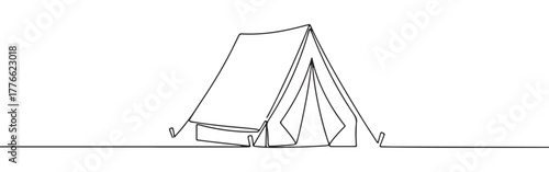 A continuous line drawing of tent with its entrance flap open, symbolizing camping, adventure, and the outdoors on a white background.