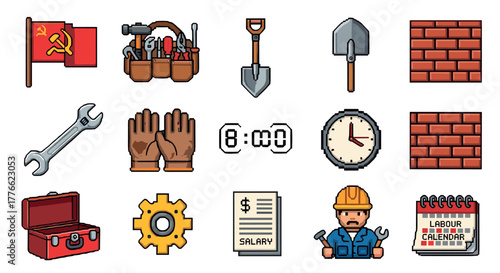 Retro labor day icons set with tools, work gear, and construction elements