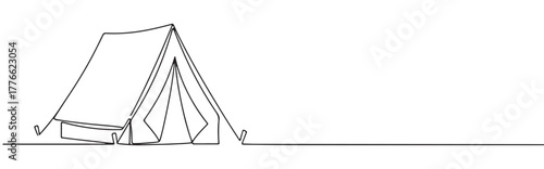 A continuous line drawing of tent with its entrance flap open, symbolizing camping, adventure, and the outdoors on a white background.