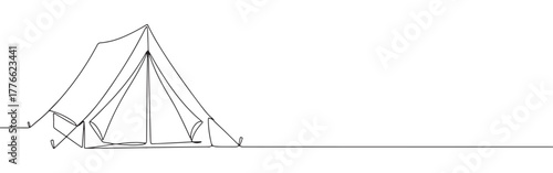 A continuous line drawing of tent with its entrance flap open, symbolizing camping, adventure, and the outdoors on a white background.