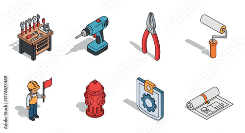 Construction tools and equipment isometric set with worker, drill, and blueprints