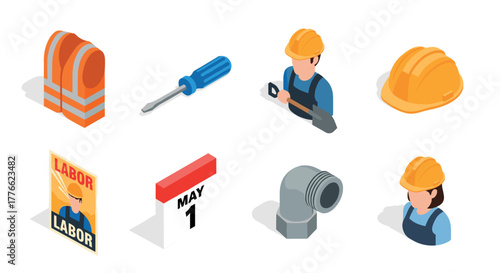 Isometric labor day icons set with tools, calendar, and workers in safety gear