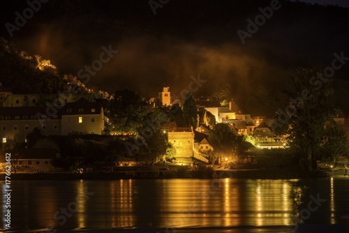 Wallpaper Mural View across the Danube to the village of Dürnstein, Rossatz-Arnsdorf, Lower Austria, Austria, illuminated at night Torontodigital.ca