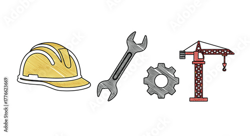 Construction tools and hard hat hand drawn style for building projects