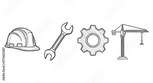 Handdrawn construction tools and machinery set with hard hat, wrench, gear, and crane