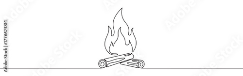 A continuous line drawing of a campfire with two logs burning and flames rising, evoking warmth, gathering, and outdoor experiences on a white background.
