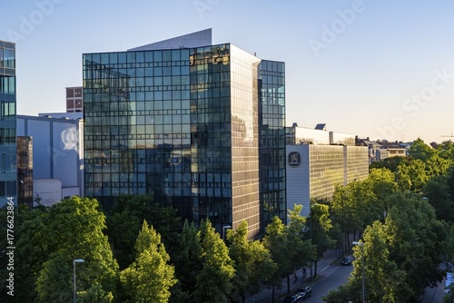 Modern office building, Löwenbräu brewery building in the evening light, Stiglmaierplatz, Munich, Upper Bavaria, Bavaria, Germany
