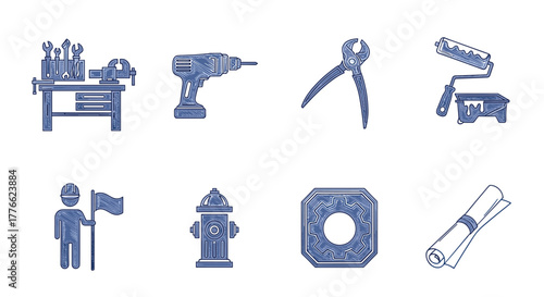 Blueprint style set of construction and repair tools and symbols for modern design
