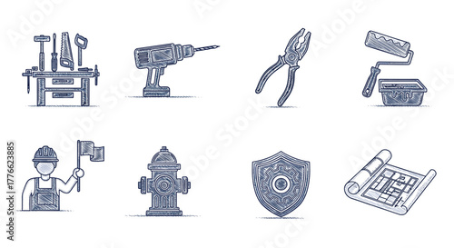 Hand drawn construction and tool icons set with blueprint and safety elements