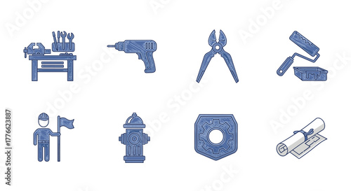 Construction and tools icons featuring workbench, drill, pliers, and engineer in blue linear style