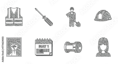 Labor day icon set hand drawn construction symbols for worker safety and tools