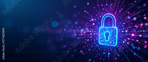 abstract illustrated vector binary style winter theme digital cyber security 3d pop up metalic neon lock with shimmer quincy bokhe glowing lights connected points, in purple blue and cyan gradient col