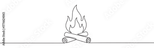 A continuous line drawing of a campfire with two logs burning and flames rising, evoking warmth, gathering, and outdoor experiences on a white background.