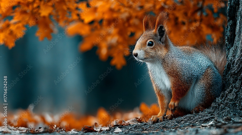 Fototapeta premium Symphony of fall: a squirrel's peaceful moment in golden light. Avant-garde shots. Tranquil oak: a fluffy squirrel among golden autumn leaves. Daring imagery. Surreal portraits.