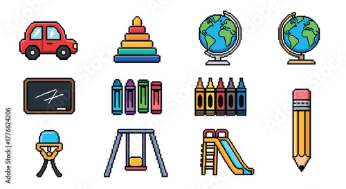 Pixel art school icons car, globe, chalkboard, crayons, playground elements