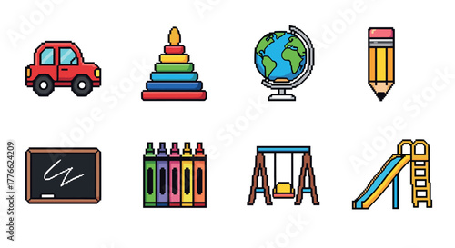 Pixel art kids education icons set with toys and school supplies