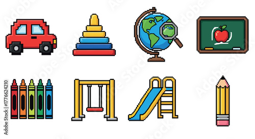 Pixel art icons of education and playful school items for creative designs