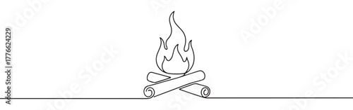 A continuous line drawing of a campfire with two logs burning and flames rising, evoking warmth, gathering, and outdoor experiences on a white background.