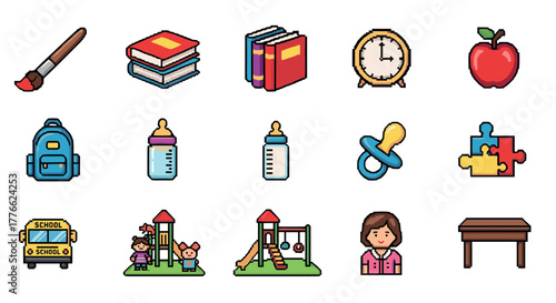 Colorful pixel art icons for school and learning themes
