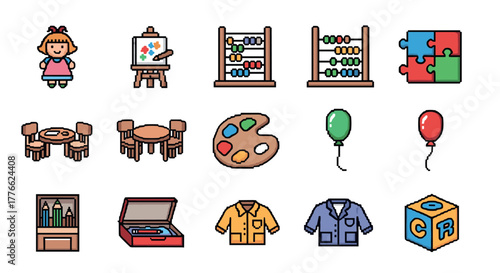 Pixel art school supplies and classroom items for fun and education