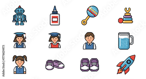 Pixel art icons of toys and school items robot, glue, rattle, and more