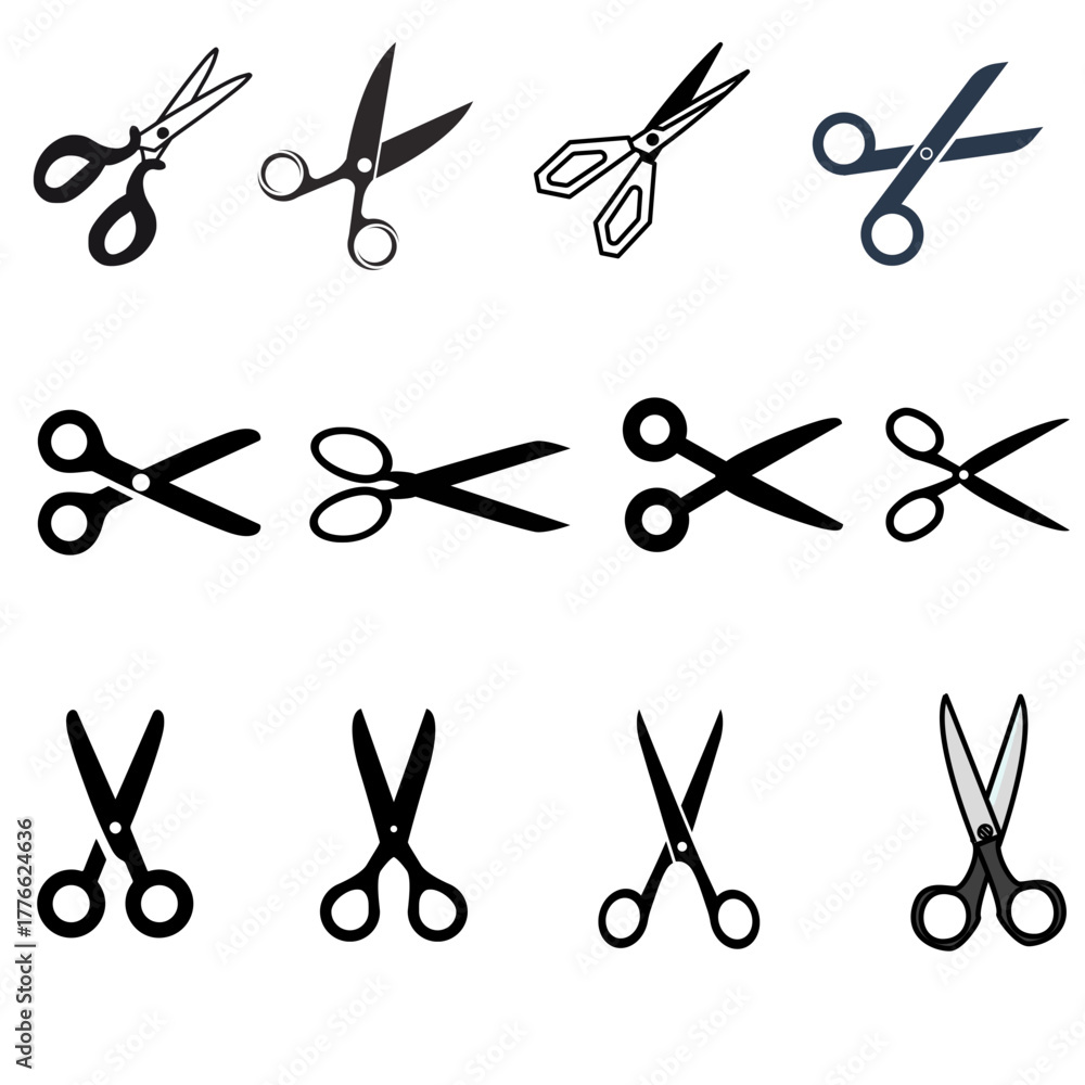 Fototapeta premium Modern Set of Scissors Icons for Craft Sewing Hair Cutting and Office Work in Flat Vector Style
