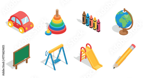 Colorful isometric set of children's toys and educational tools