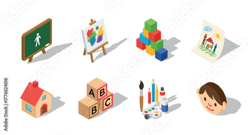 Colorful isometric education elements featuring art, math, and play