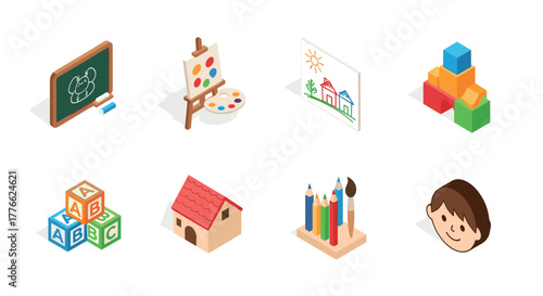 Colorful isometric school icons blackboard, easel, crayons, abc blocks, art supplies
