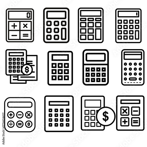 Modern Calculator Icon Set for Math Finance Accounting Education and Office Use in Flat Vector Style