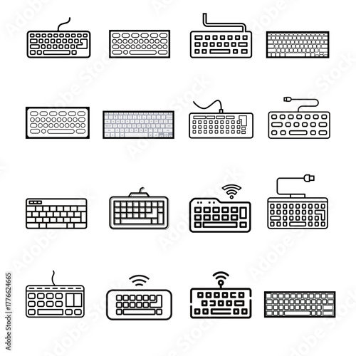 Modern Set of Keyboard Icons for Computer Typing Office Work Gaming and Digital Design in Vector Style.