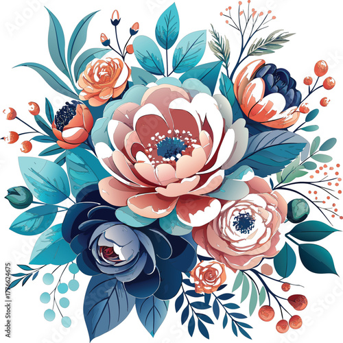 Vibrant watercolor floral arrangement with peonies and berries