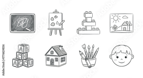 Hand drawn school and creativity icons blackboard, easel, blocks, house, art supplies