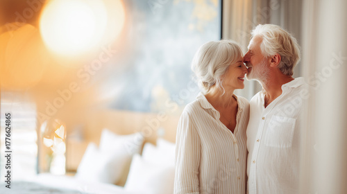 Senior couple cuddling in front of bed, smiling and enjoying a tender moment at home or in a hotel room. Concept of love, travel or aging lifestyle. Bright blurred background.