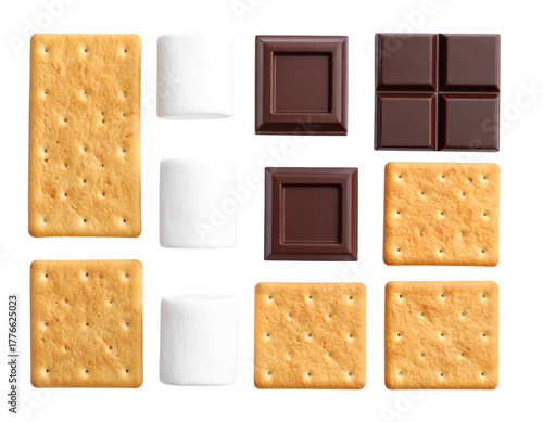  Deconstructed S’mores Ingredients – Chocolate, Marshmallow, and Crackers PNG Cut Out