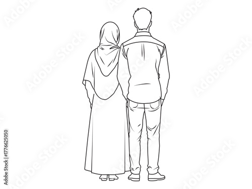 Muslim Couple Line Art , Islamic Love Illustration |,Minimal Outline Drawing of Man and Woman , Modest Fashion Vector Design