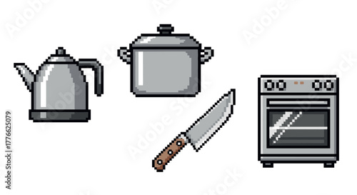 Pixel art kitchen set teapot, pot, knife, stove for retro culinary design