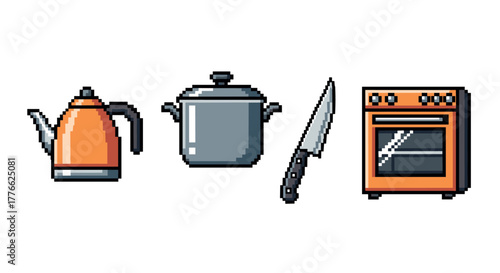 Retro pixel style kitchen appliances including kettle, pot, knife, and stove