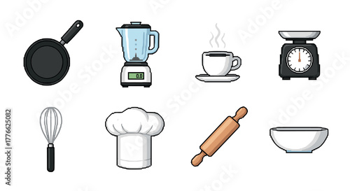 Pixel art kitchen essentials blender, frying pan, scale, and more
